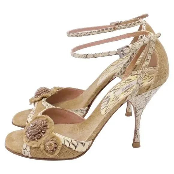 Prada Embellished Snakeskin Accent Sandal Heels in Beige Jute Linen - Picture 4 of 12